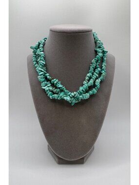 Triple Strand Turquoise Color Chip Necklace Dyed Howlite Boho 16 Inch Statement
